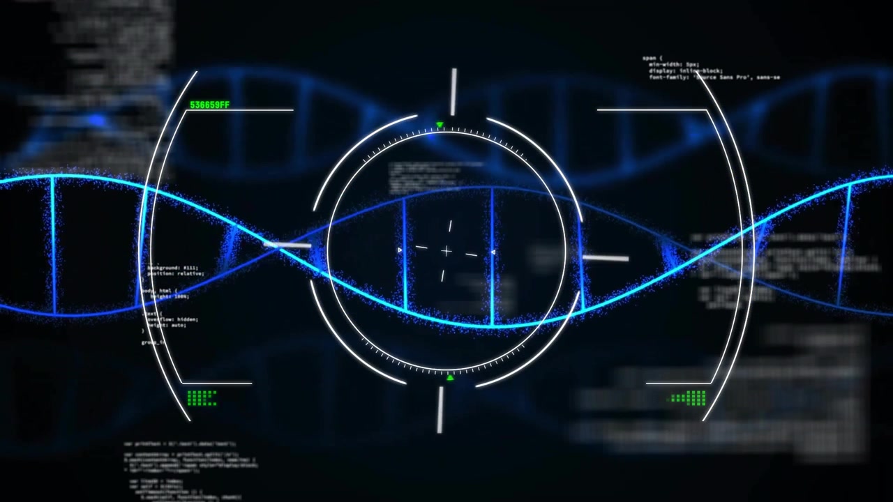 Opening dark interface activating rotating targeting reticle scanning blue helix with pulsing code