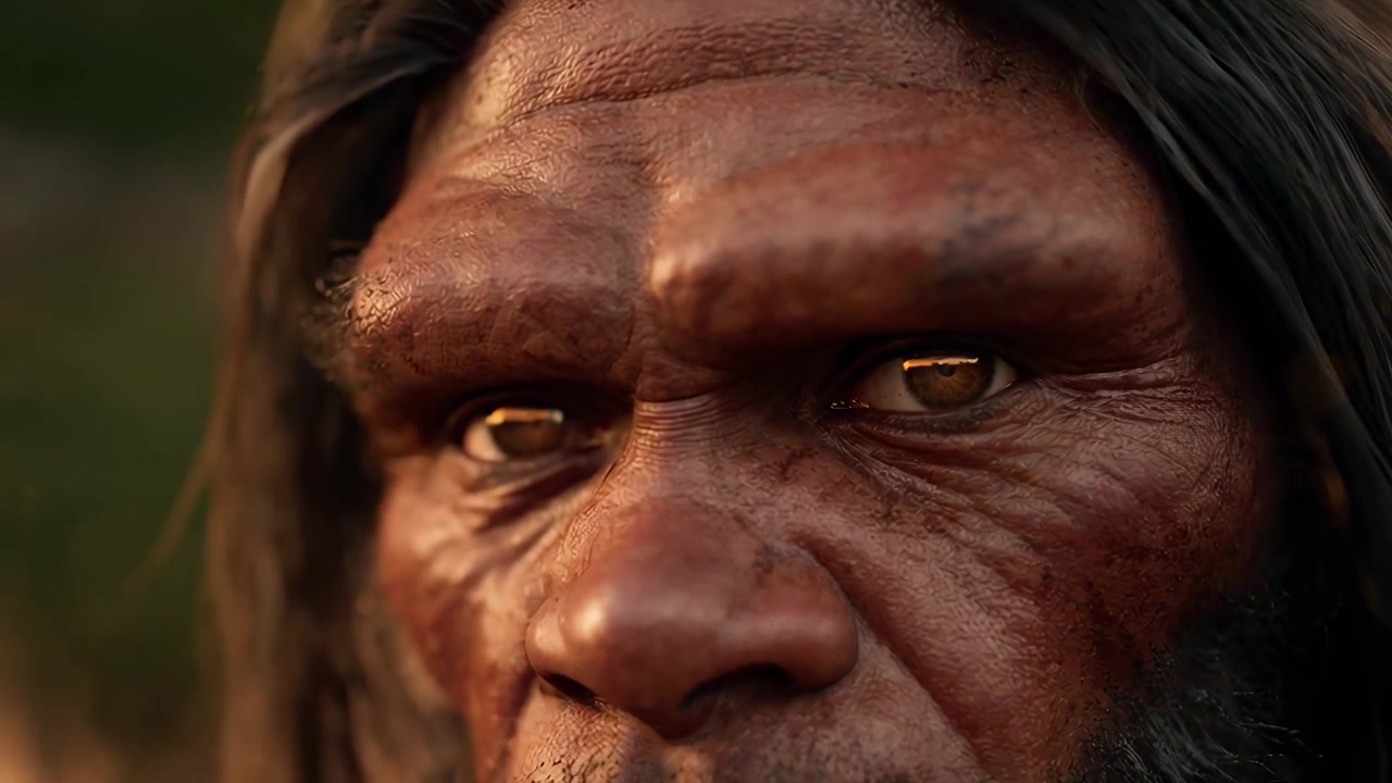 Ritratto ravvicinato di un uomo di Neanderthal che guarda in lontananza