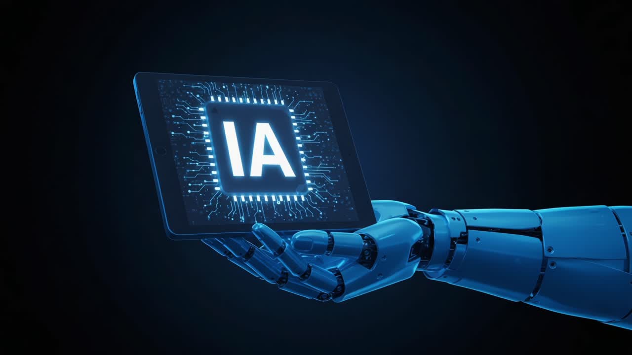 A Futuristic Mechanical Hand Showcasing a High-Tech Tablet Displaying 'IA', Emphasizing the Evolution of Artificial Intelligence and Robotics Integration in Modern Technology