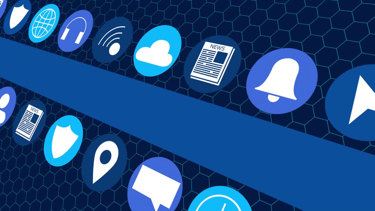 animación de iconos digitales en línea y rayas azules que se mueven sobre hexágonos sobre fondo azul oscuro