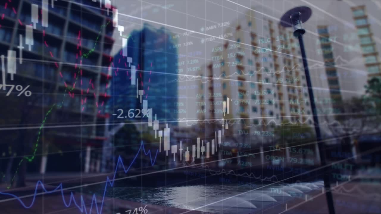 animación del procesamiento de datos financieros sobre el paisaje urbano