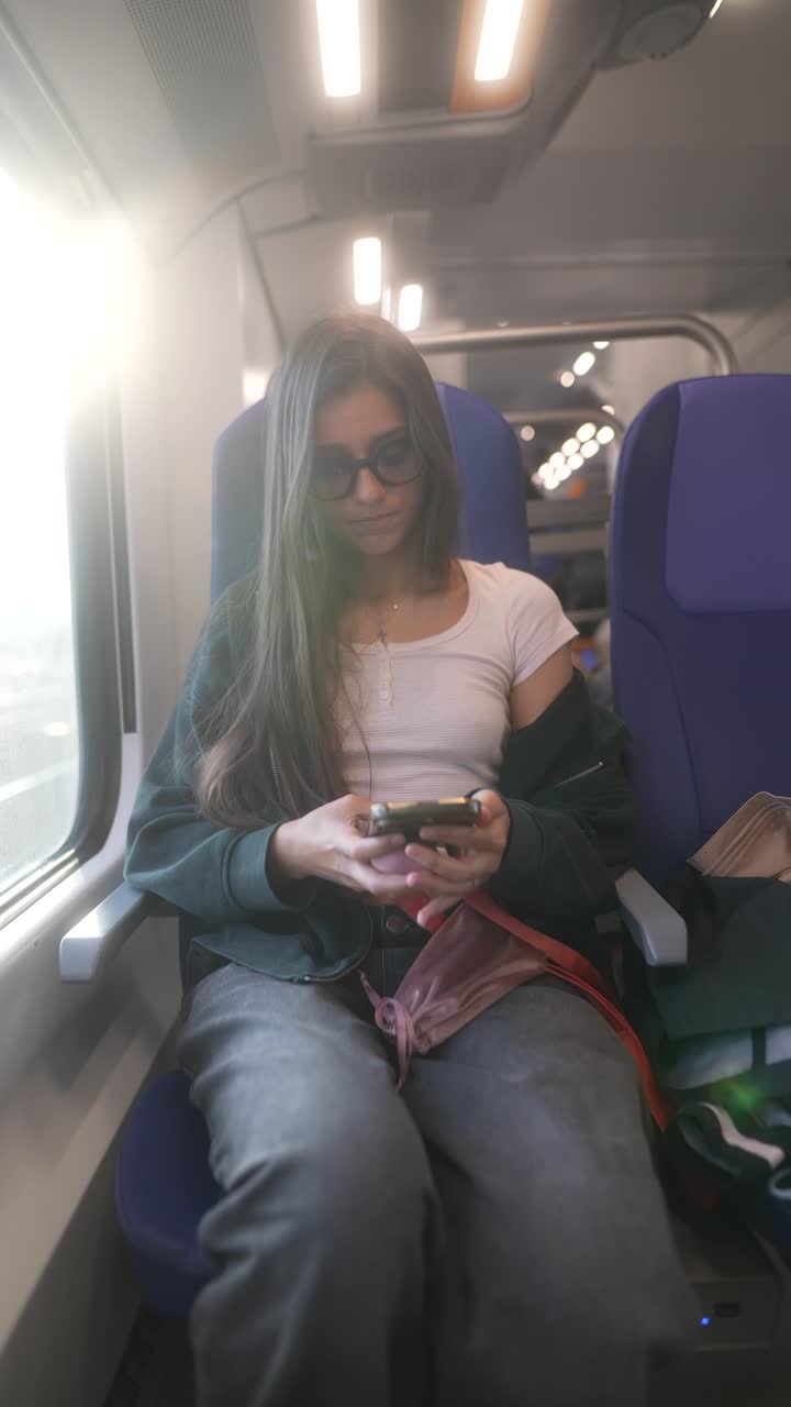 mujer usando el teléfono en un tren