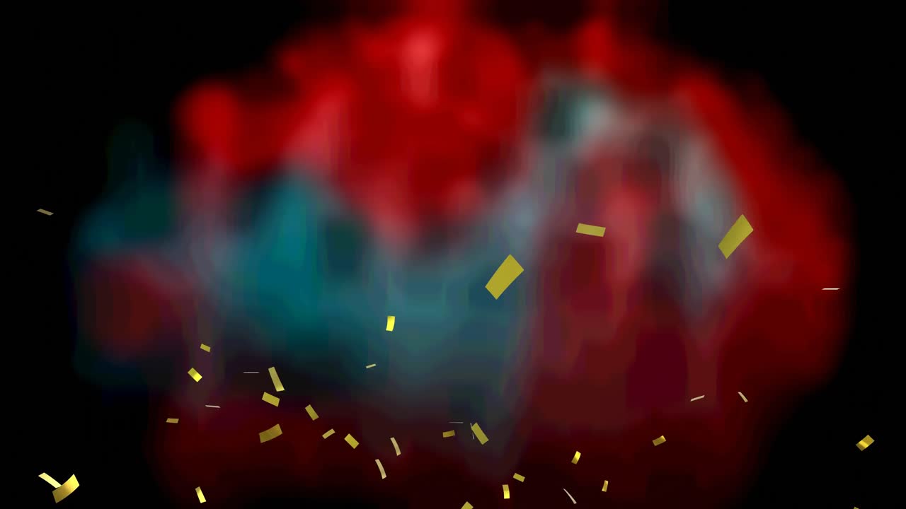 Animation of gold confetti floating over red and black background