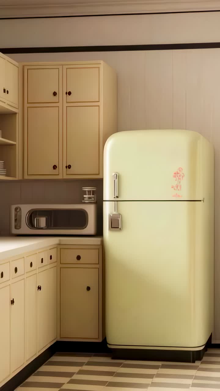 Vertical video: Panning camera capturing yellow fridge in kitchen, showcasing Chinese characters