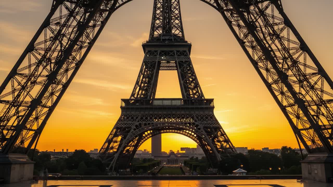 Stunning Golden Hour Silhouette of the Eiffel Tower Framed by Its Iconic Iron Structure Against a Vibrant Sunset Sky
