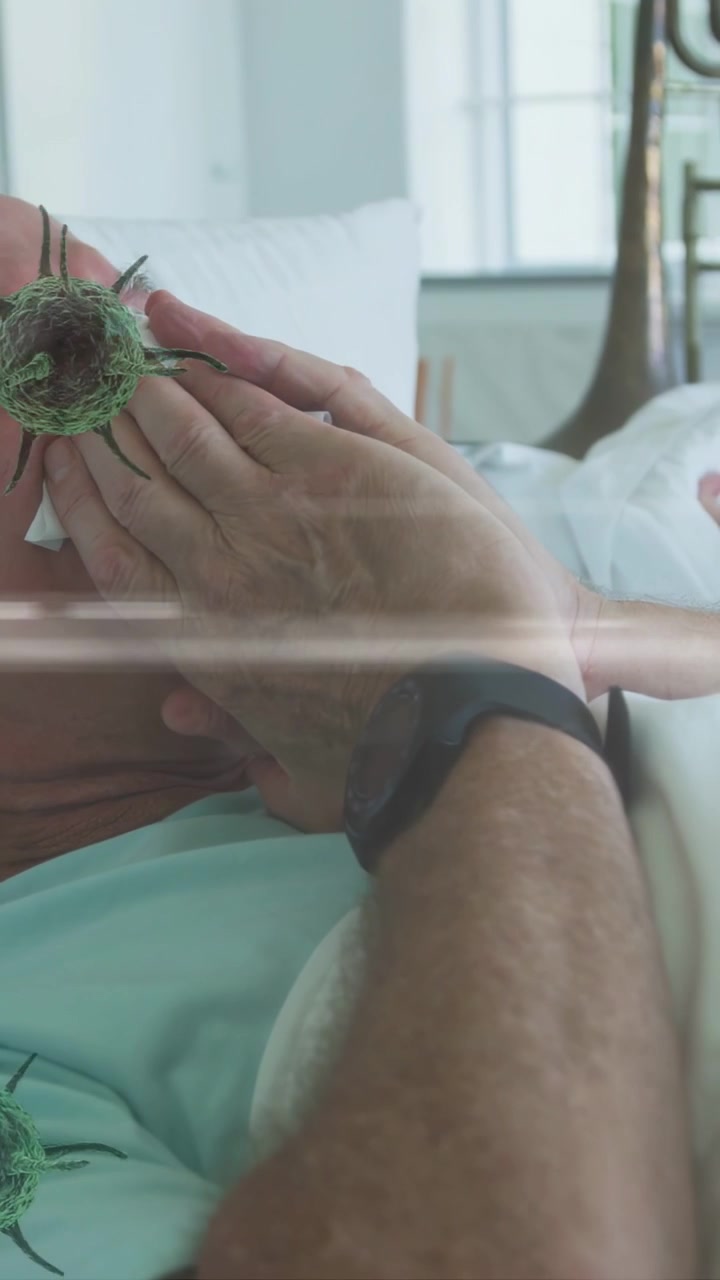Video vertical: Hombre limpiándose la nariz tras una irritación, con picos verdes superpuestos en la cara mostrando riesgo para la salud
