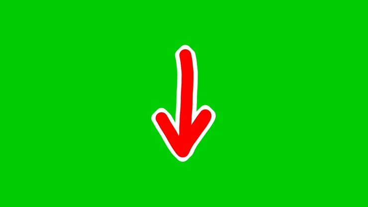 Animazione di freccia disegnata a mano su schermo verde, freccia rossa a cartone animato che si muove verso il basso su sfondo verde.