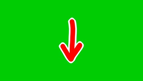 animación de flecha dibujada a mano pantalla verde, color rojo flecha de dibujos animados moviéndose hacia abajo en el fondo de la pantalla verde