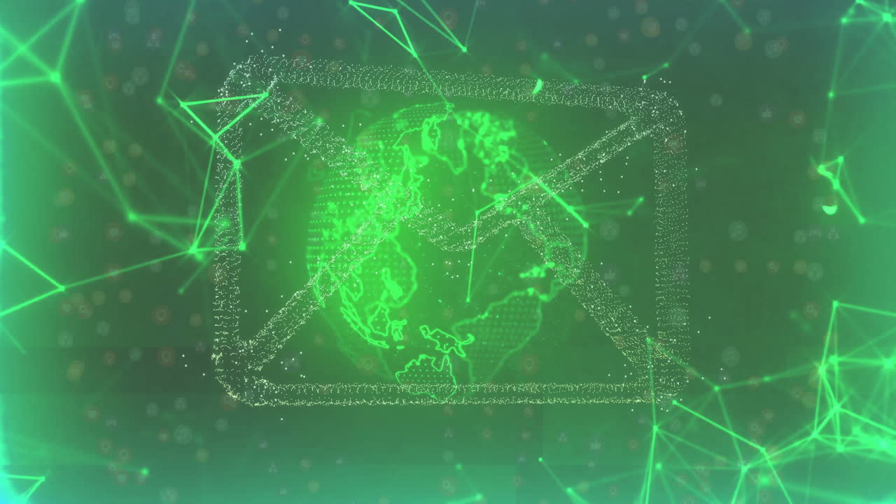 Email icon and globe with network connections animation over green background