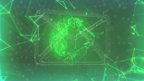 icono de correo electrónico y globo con animación de conexiones de red sobre fondo verde