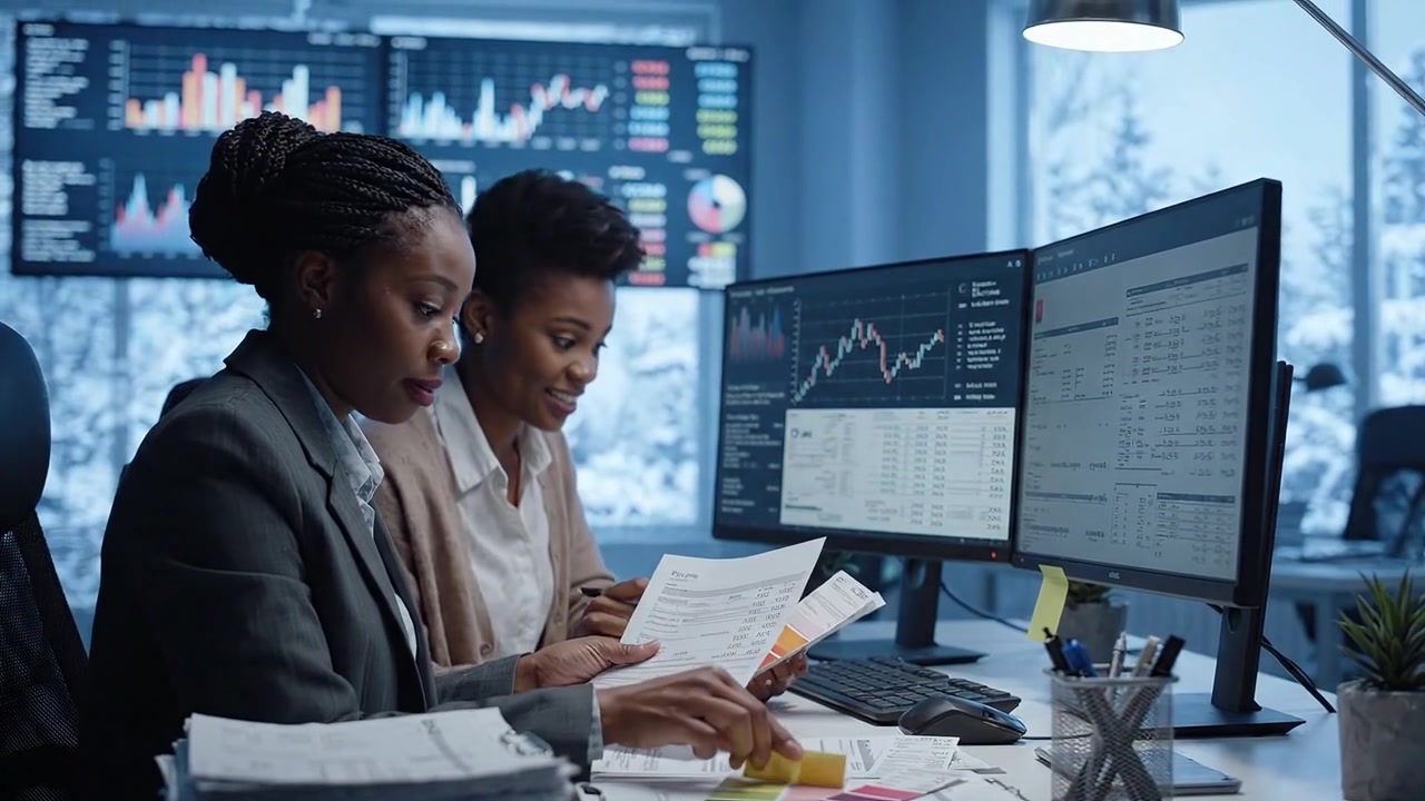 To professionelle kvinder analyserer finansielle data på flere skærme i et moderne kontormiljø med vinterlandskab uden for vinduet.