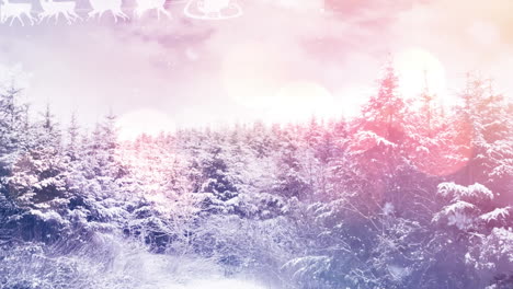 santa claus in sleigh being pulled by reindeers against now falling over winter landscape