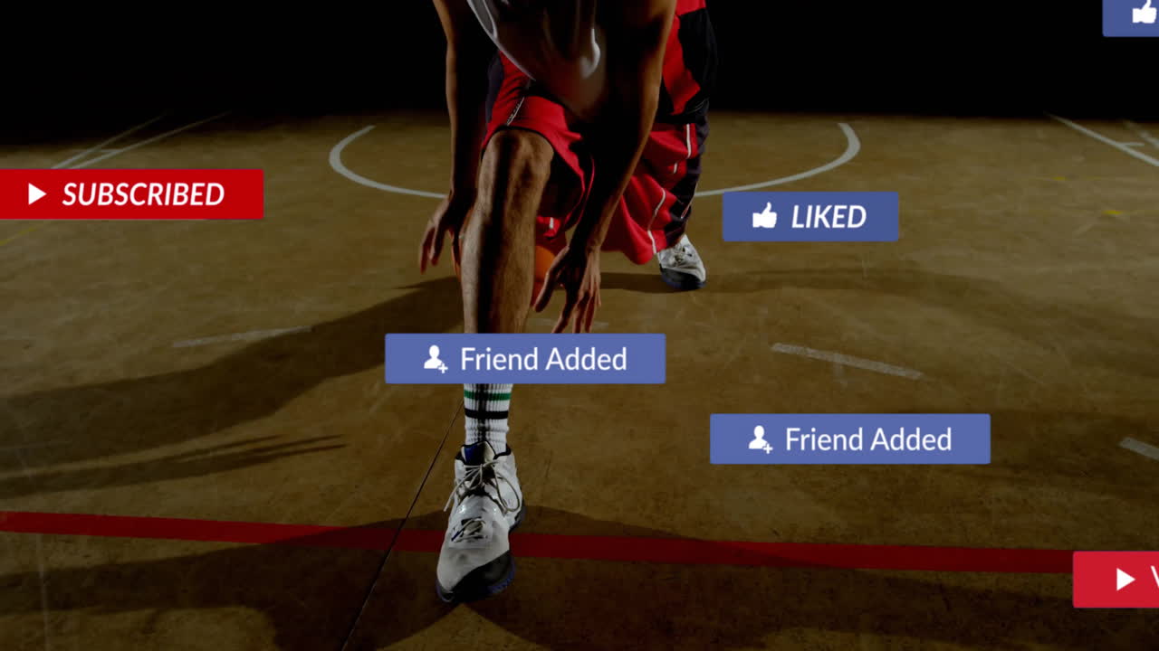 Dribbling basketball, player with animation of social media notifications on court