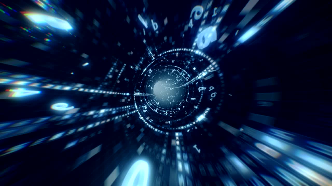 데이터 터널 여행: 4k에서 loopable 애니메이션, 광섬유 케이블 내에서 촬영, 이진 신호로 디지털 정보의 전송