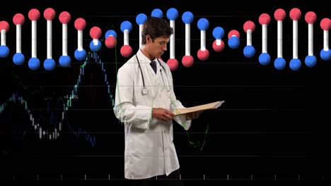 Animation-of-biracial-female-doctor-over-data-processing-and-dna-strand