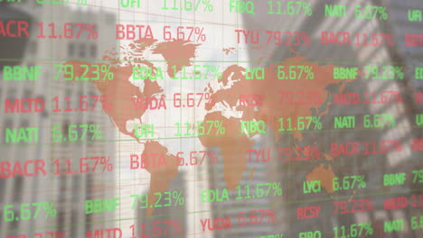 animation of financial data processing over world map and cityscape