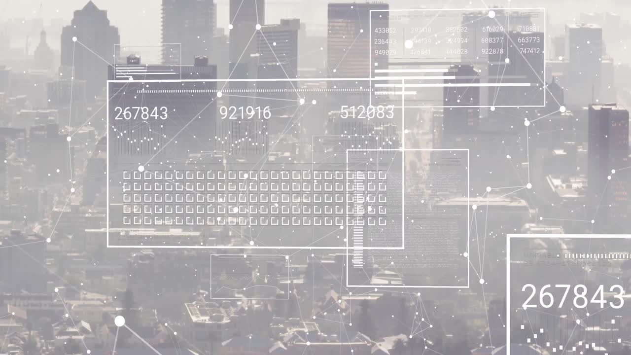Animation of financial data processing over cityscape