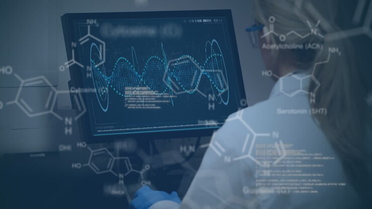 Animation of scientific data processing over caucasian female scientist in laboratory