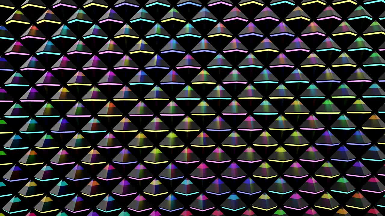 fondo abstracto en bucle de 4k con luces de neón que se ejecutan en pirámides. telón de fondo de bucle de vj espectáculo festivo o eventos de vacaciones, exposiciones, festivales o conciertos, videos musicales, bucle de vij para clubes nocturnos.