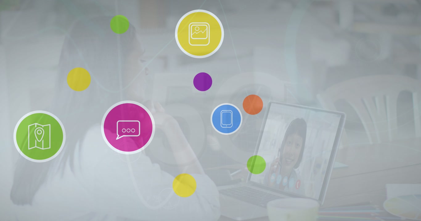 Animation of digital icons over caucasian woman on laptop video call