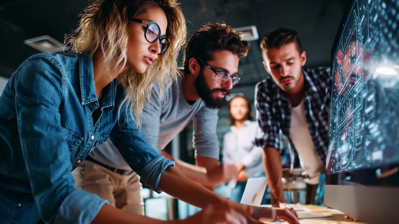 Team Collaboration in a Modern Workspace: Engaged Individuals Analyzing Data on a Computer Screen, Demonstrating Creativity and Innovation in a Cohesive Environment