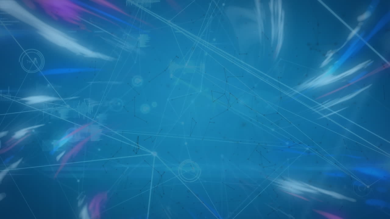 animación de la red de conexiones, procesamiento de datos y ondas digitales contra fondo azul