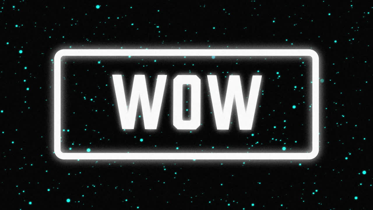 애니메이션 빈티지 비디오 게임 화면에 와우라는 단어가 적혀 있습니다.