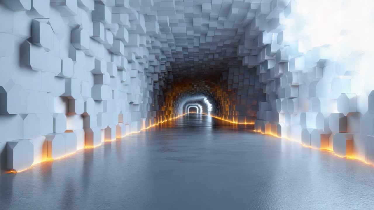 A Stunning Futuristic Passageway Illuminated with Orange Light and Surrounded by Geometric Structures Reflects a Captivating Blend of Art and Architecture