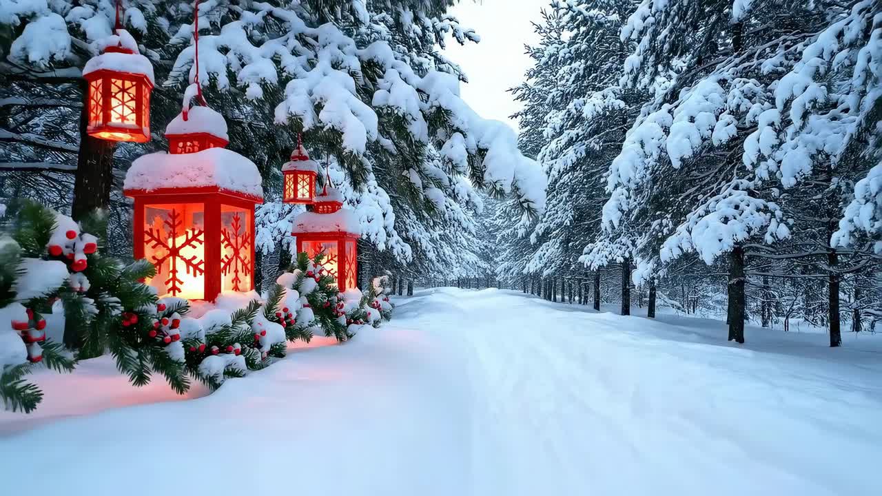 Snowy forest path with red lanterns glowing, captured from a low angle