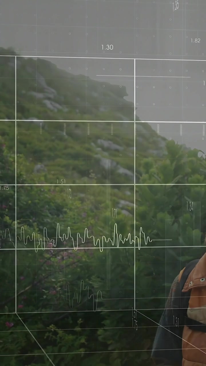 Video verticale: Uomo che solleva il telefono, avviando una visualizzazione tecnologica che anima una griglia e delle barre, componendo un'inquadratura in pendenza.