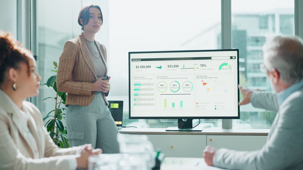 Business team analyzing sales data in a meeting