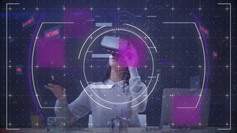 Animation-of-scope-scanning-and-data-processing-over-caucasian-woman-using-vr-headset