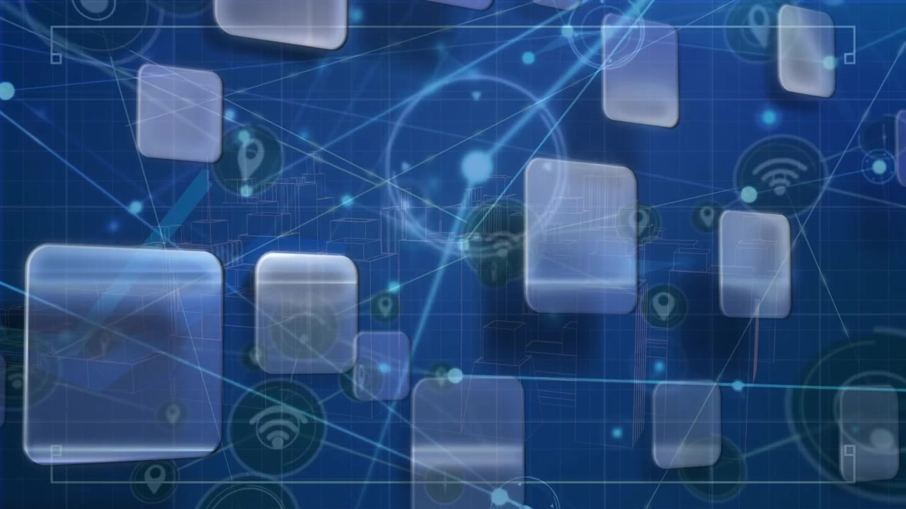 Animation of network of connections and digital interface over blue background