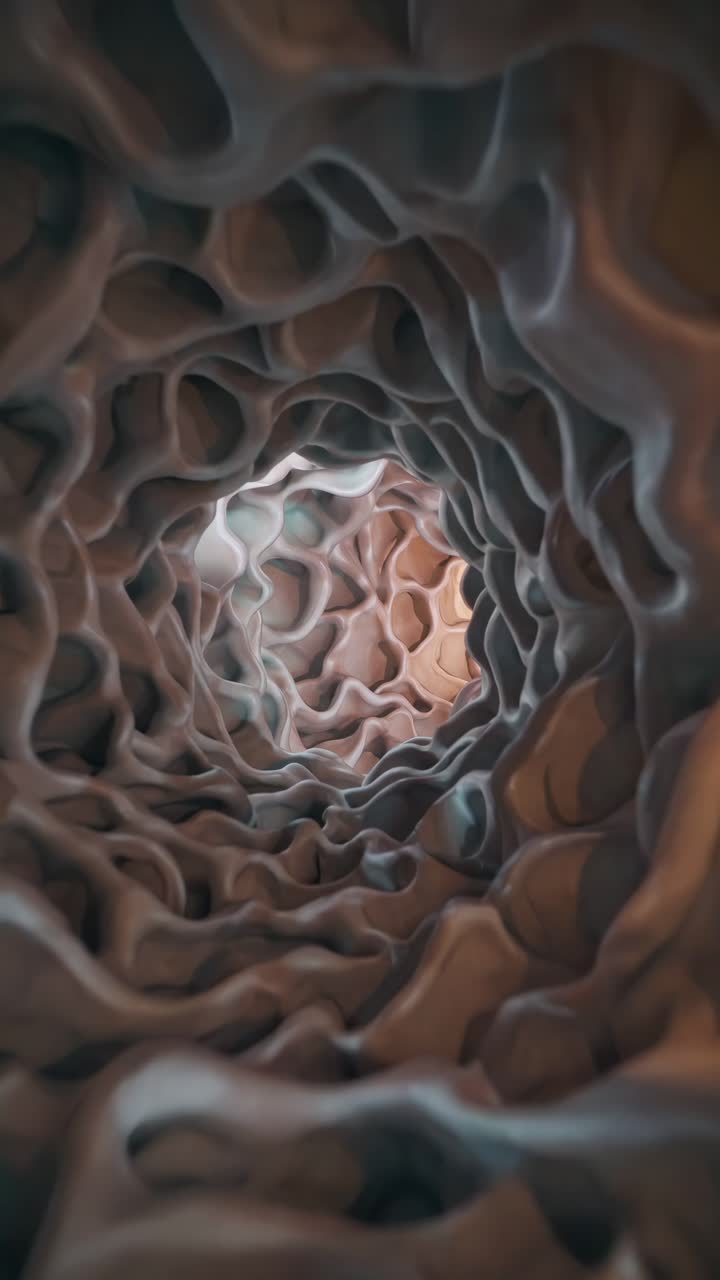 Organic tunnel creating mesmerizing, surreal abstract pattern, resembling biological structure or microscopic view, illuminated with soft pastel lighting