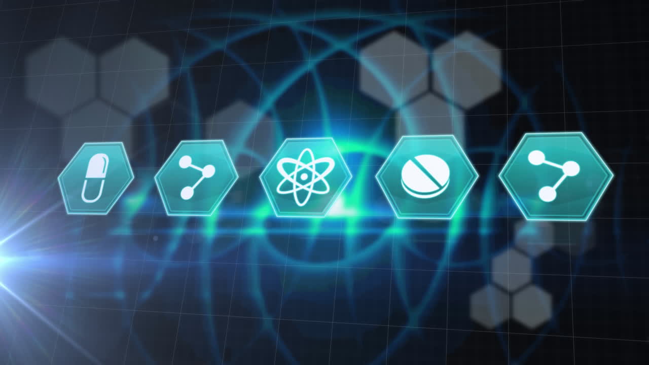 반 ⁇ 이는 빛의 흔적이 있는 육각형 의료 아이콘의 애니메이션