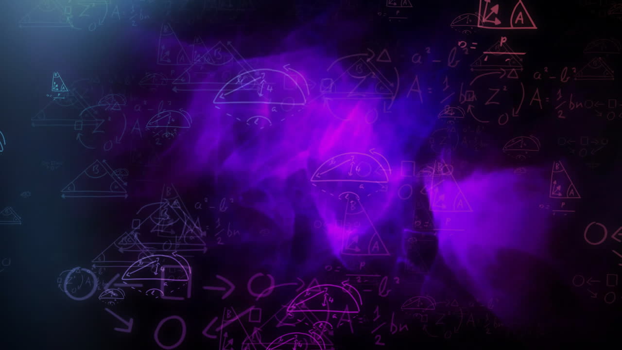 Swirling purple animation with geometric shapes and mathematical formulas displayed