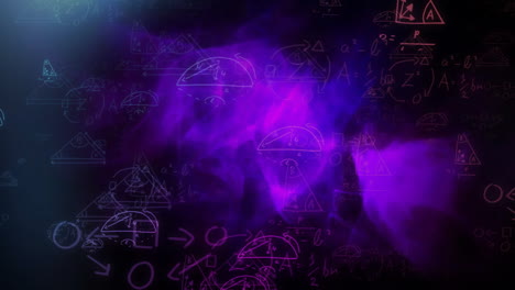 swirling purple animation with geometric shapes and mathematical formulas displayed