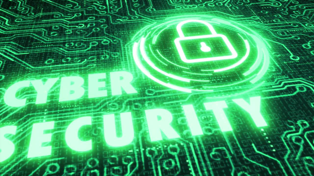 Sophisticated and detailed 3D motion graphic of an animated circuit board with stylised system lock element and the glitching message Cyber Security, in a green and white color palette
