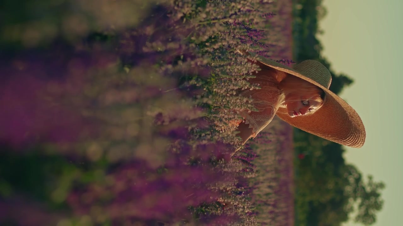Nuori nainen leveälierisessä hatussa kävelemässä laventelipellon läpi