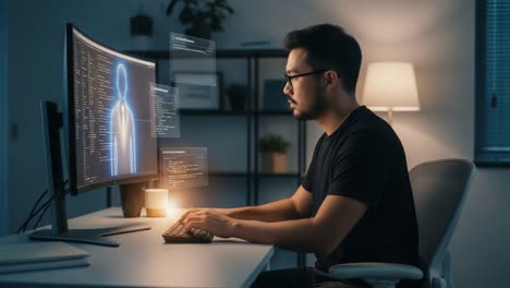 a focused programmer analyzes data on a modern desktop, illuminated by soft ambient light, in a quiet, tech-savvy workspace with a sleek monitor displaying graphical interfaces