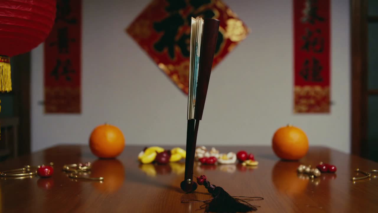 Leque decorativo pintado se abrindo, começando dobrado em uma mesa de madeira em casa para o Ano Novo, com borla
