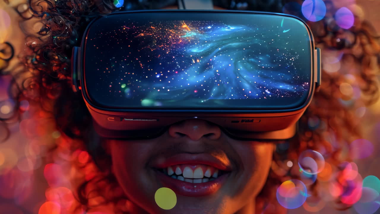 A young girl wearing a virtual reality headset is smiling. Concept of excitement and wonder as the girl experiences the virtual world