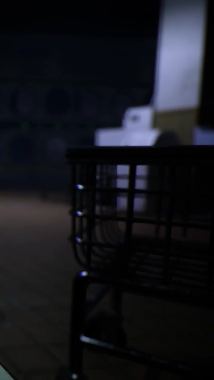 Grocery cart in a dimly lit store during late evening hours