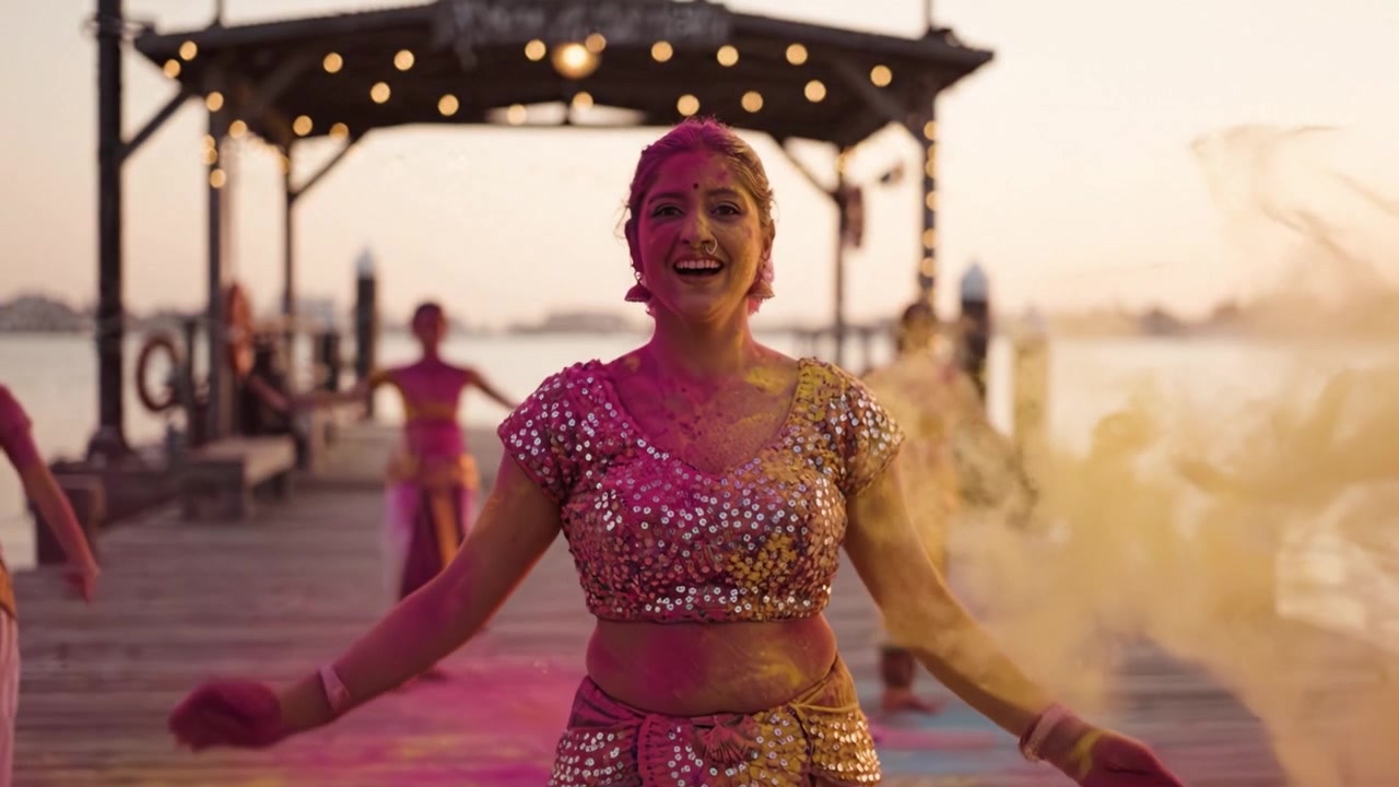 Celebrare vivacità e cultura: Una danza serena tra la polvere colorata dell'Holi su un bellissimo molo al tramonto con artisti gioiosi in abiti tradizionali