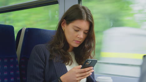 businesswoman with takeaway coffee commuting to work on train looking at mobile phone