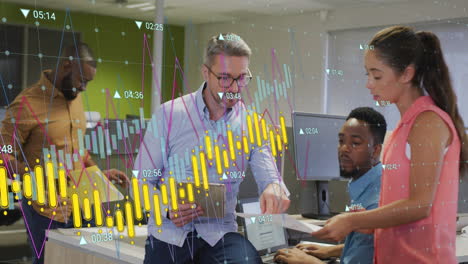 animation of graphs and changing numbers over diverse coworkers discussing reports in office