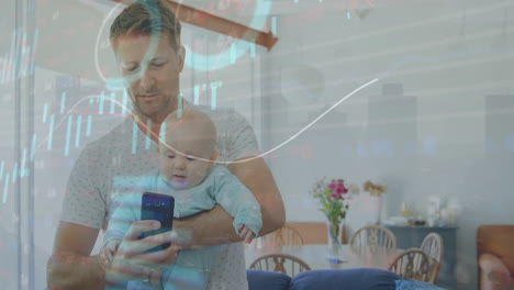 animation of globe of network of connections over caucasian man with baby using smartphone