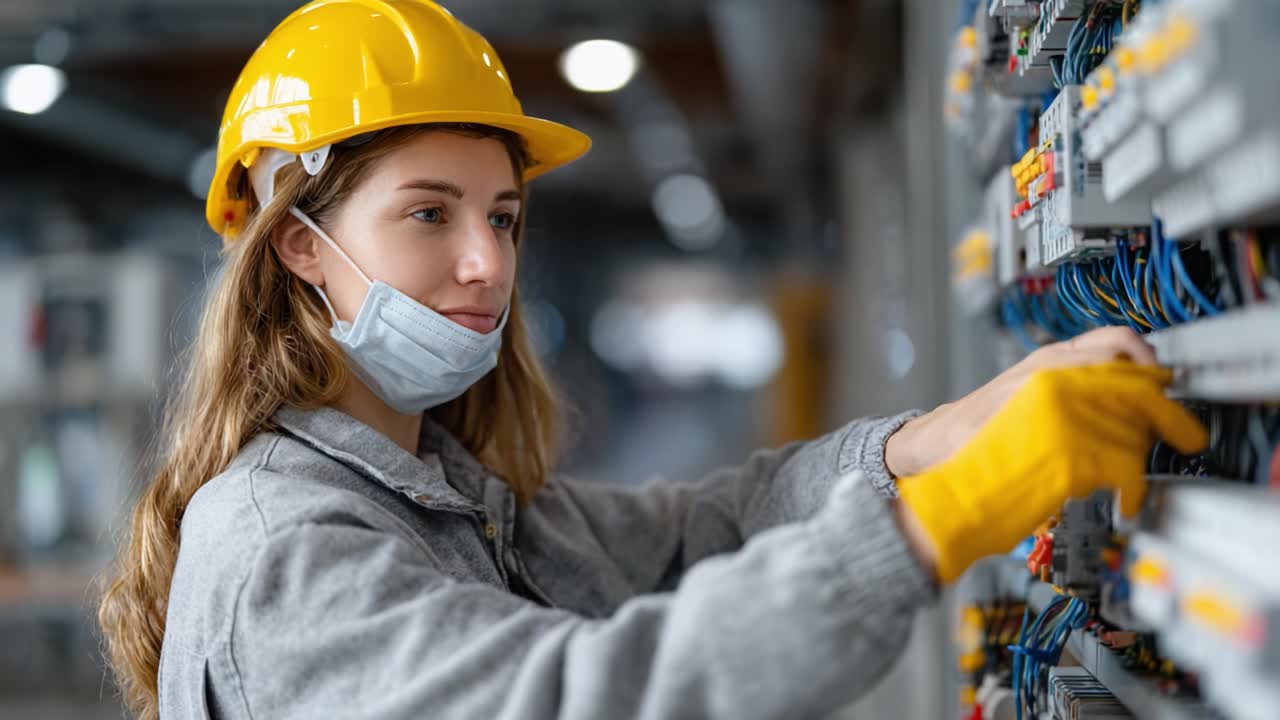 A focused female technician, wearing a yellow safety helmet and gloves, expertly works on electrical panels while adhering to health protocols with a face mask