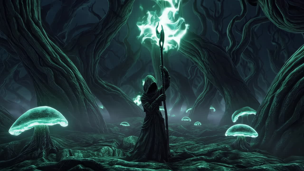 Mystical Hooded Figure in a Bioluminescent Dark Forest