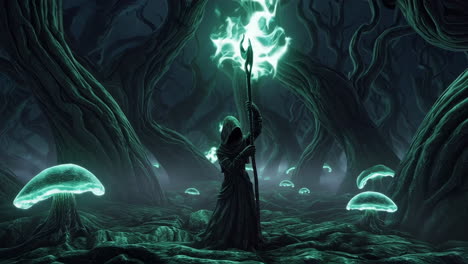 mystical hooded figure in a bioluminescent dark forest